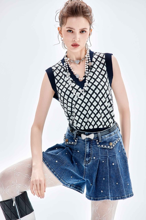 Denim Pleated Skorts,Skorts