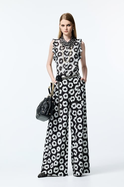 Hand Sketched Floral Print Wide Leg Pants,pants,Pants