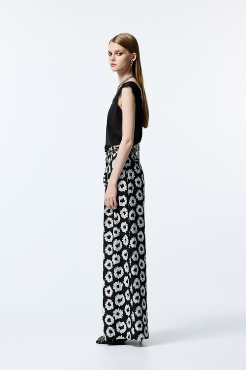 Hand Sketched Floral Print Wide Leg Pants,pants,Pants