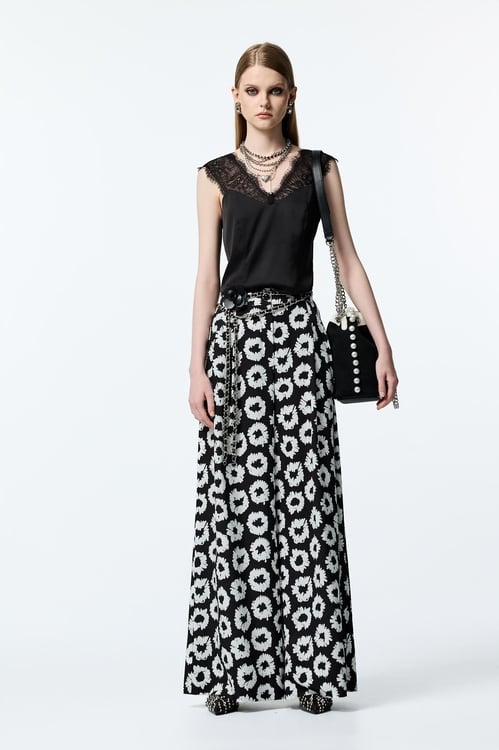 Hand Sketched Floral Print Wide Leg Pants,pants,Pants