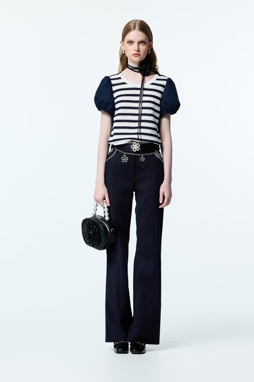 Navy Boot Leg Pants With Contrast Pocket Trim Detail,pants,Pants