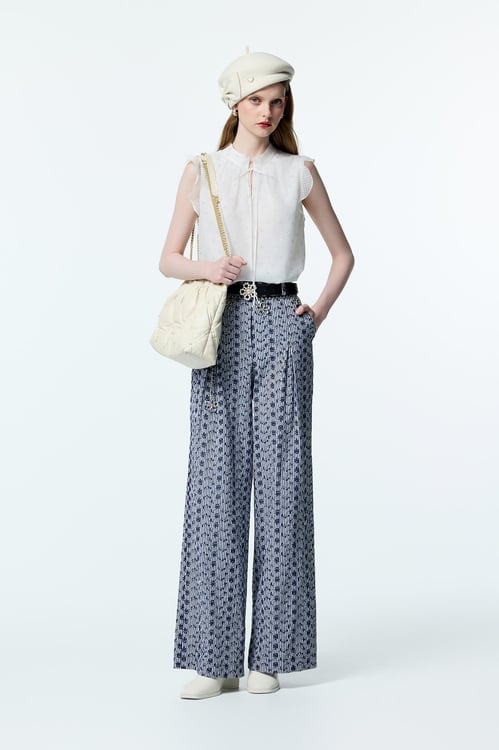 Navy Floral Embroidery Detail Wide Leg Pants,pants,Pants
