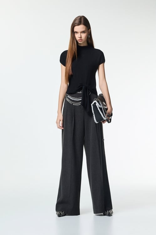 Dark Grey Wide Leg Smart Pants,Embroidered,Embroidered