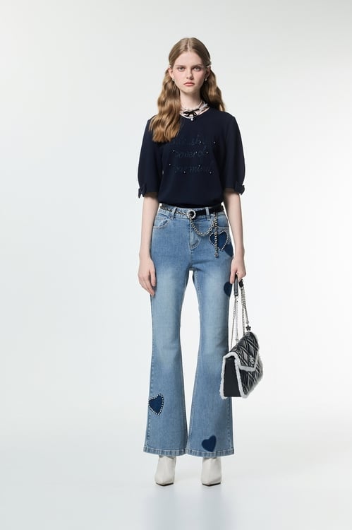Heart Patch Detail Boot Leg Jeans,Denim,Denim