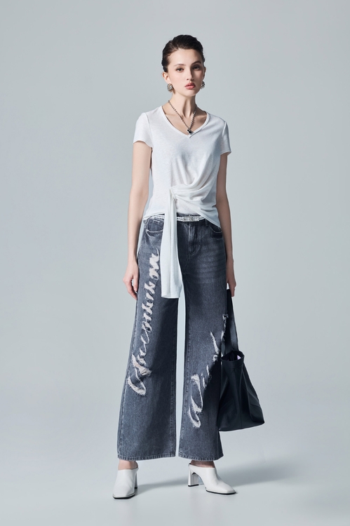 Slogan Distress Wide Leg Jeans,,Slogan Distress Wide Leg Jeans,Tops,Embroidered,White tops,Season (AW) Look,Blouses,Jackets,Outerwear,Season (AW) Look,Blazers,Denim,Jeans,Season (AW) Look,pants