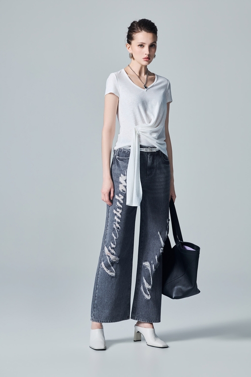 Slogan Distress Wide Leg Jeans,,Slogan Distress Wide Leg Jeans,Tops,Embroidered,White tops,Season (AW) Look,Blouses,Jackets,Outerwear,Season (AW) Look,Blazers,Denim,Jeans,Season (AW) Look,pants