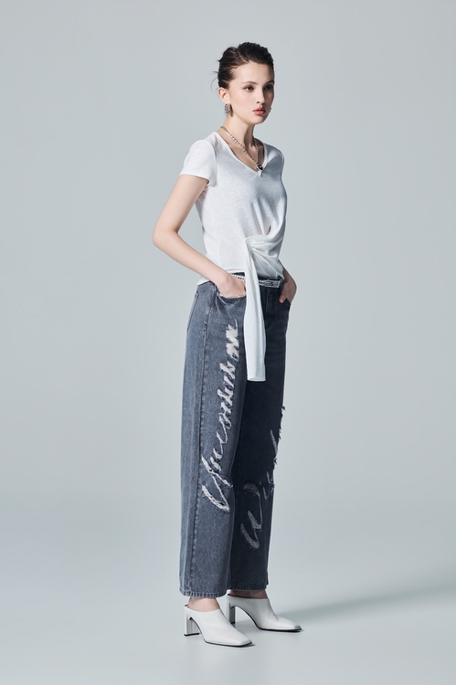 Slogan Distress Wide Leg Jeans,,Slogan Distress Wide Leg Jeans,Tops,Embroidered,White tops,Season (AW) Look,Blouses,Jackets,Outerwear,Season (AW) Look,Blazers,Denim,Jeans,Season (AW) Look,pants