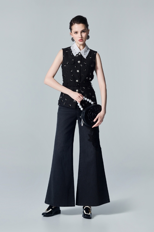 Floral Embroidery Wide Leg Jeans,Black jeans
