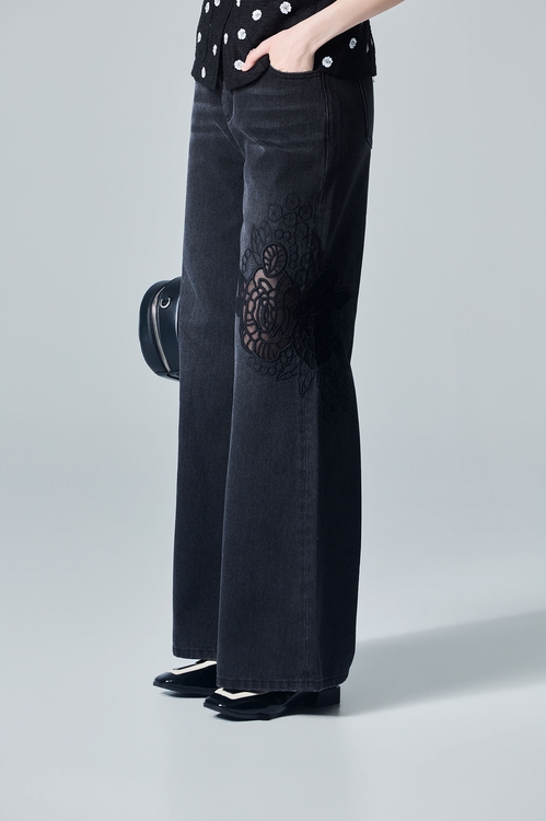 Floral Embroidery Wide Leg Jeans,Black jeans