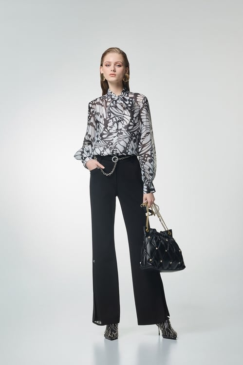 Lace Detail Side Slit Black Pants,Office Looks