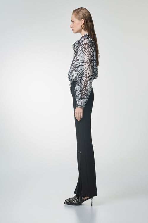 Lace Detail Side Slit Black Pants,Office Looks