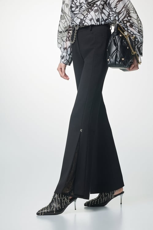 Lace Detail Side Slit Black Pants,Office Looks