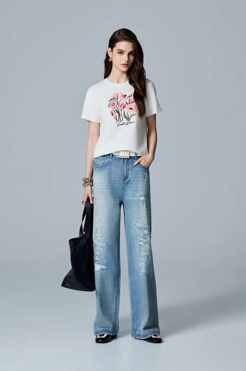 Sequin Detail Distress Jeans,,Sequin Detail Distress Jeans,Culottes,Season (AW) Look,Embroidered,pants,Knitted,Denim,Jeans,Season (AW) Look,pants