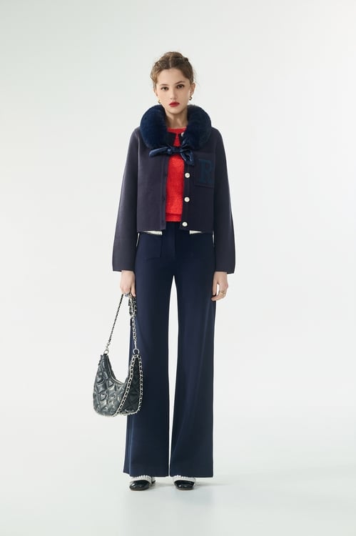 Navy Pants With Contrast White Pocket Trim Detail,Valentine