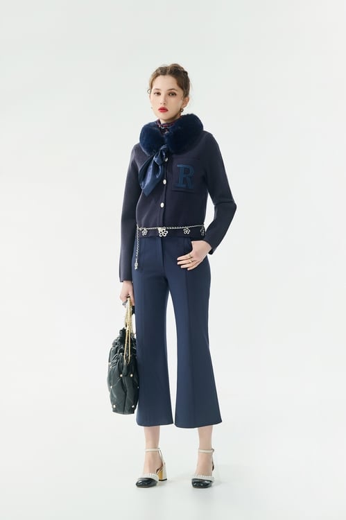 Floral Embroidery Detail Navy Pants,Valentine