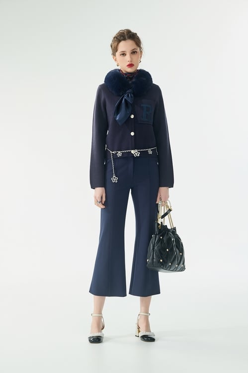 Floral Embroidery Detail Navy Pants,Valentine