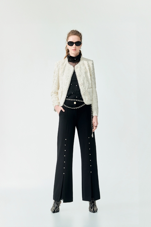 Lace Detail Straight Cut Pants,Black pants