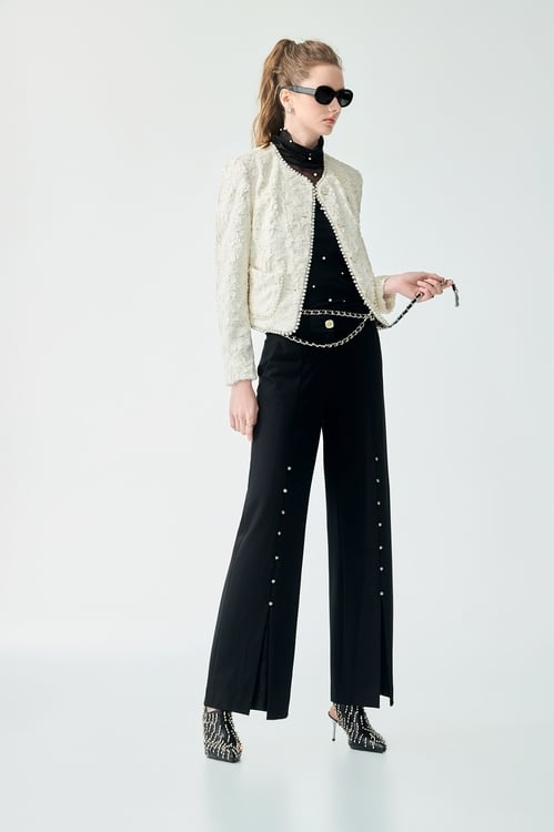 Lace Detail Straight Cut Pants,Black pants