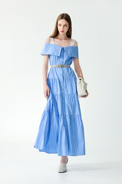 Pinstripe Cold Shoulder Dress,dresses,Dresses