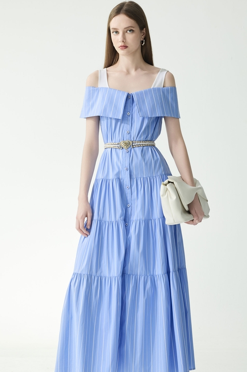 Pinstripe Cold Shoulder Dress,dresses,Dresses