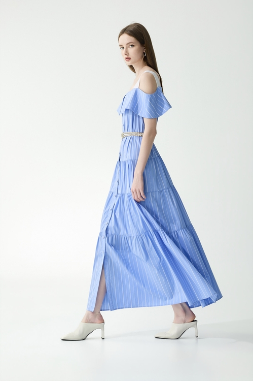 Pinstripe Cold Shoulder Dress,dresses,Dresses