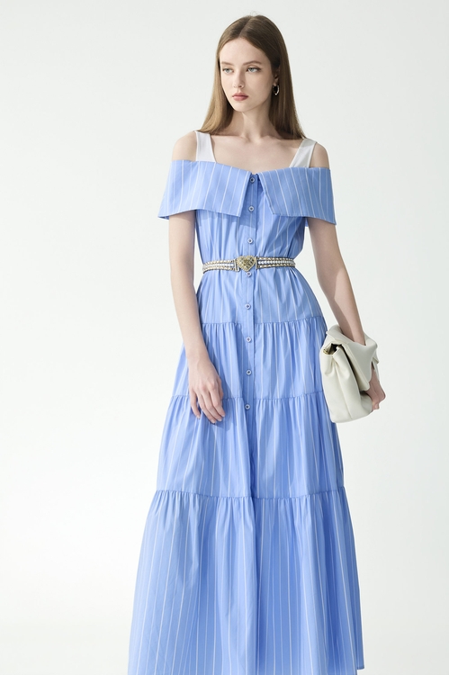 Pinstripe Cold Shoulder Dress,dresses,Dresses