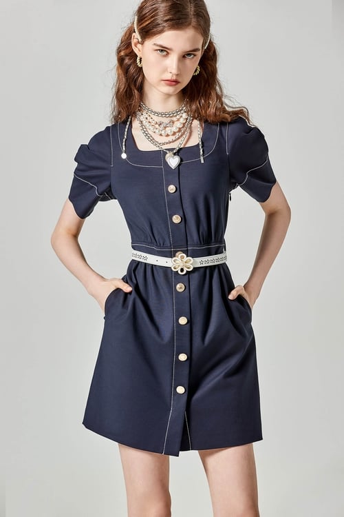 Short Sleeve Navy Dress With Stitching Detail,,Short Sleeve Navy Dress With Stitching Detail,Dresses,Season (AW) Look,Dresses,Season (SS) Look