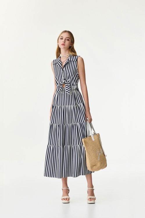 Front Knot Navy Stripe Maxi Dresss,Stripe