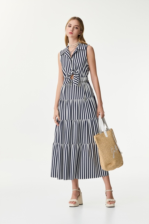 Front Knot Navy Stripe Maxi Dresss,Stripe