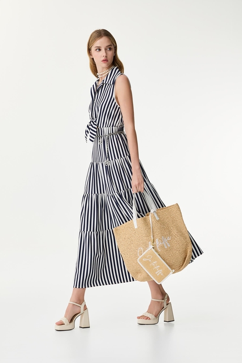 Front Knot Navy Stripe Maxi Dresss,Stripe