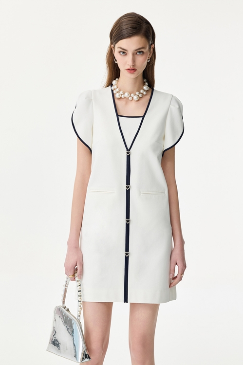 V-neck Contrast Trim Short Dress,White dresses