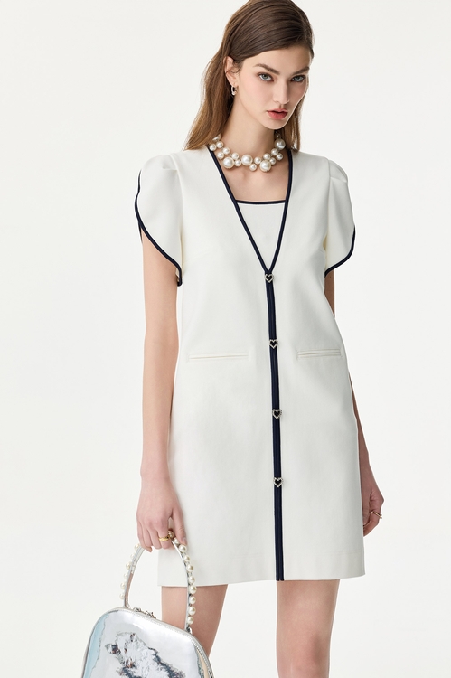 V-neck Contrast Trim Short Dress,White dresses