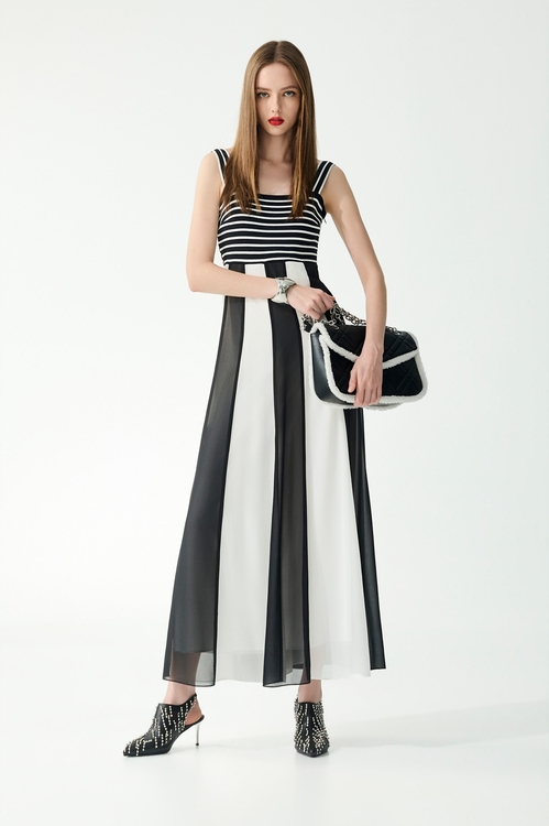Classic Black White Stripe Maxi Dress,Chiffon