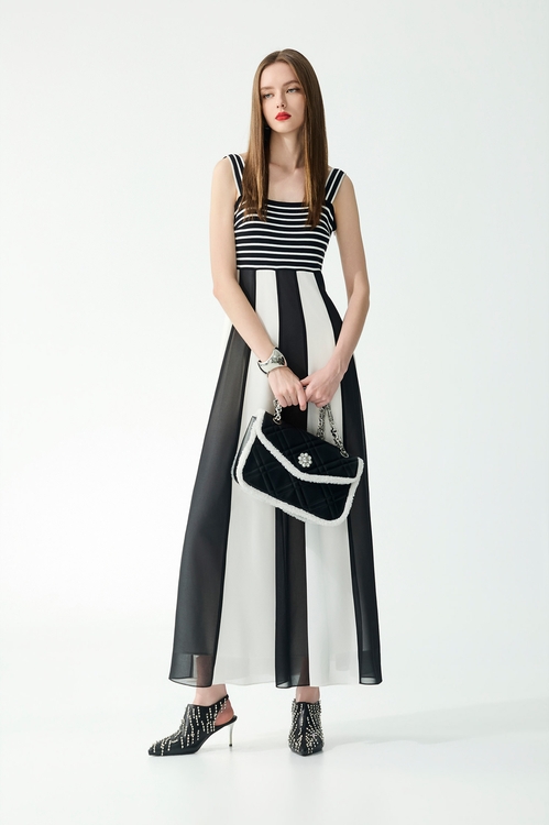 Classic Black White Stripe Maxi Dress,Chiffon