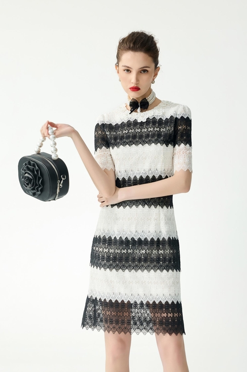 Black White Contrast Lace Midi Dress,Lace