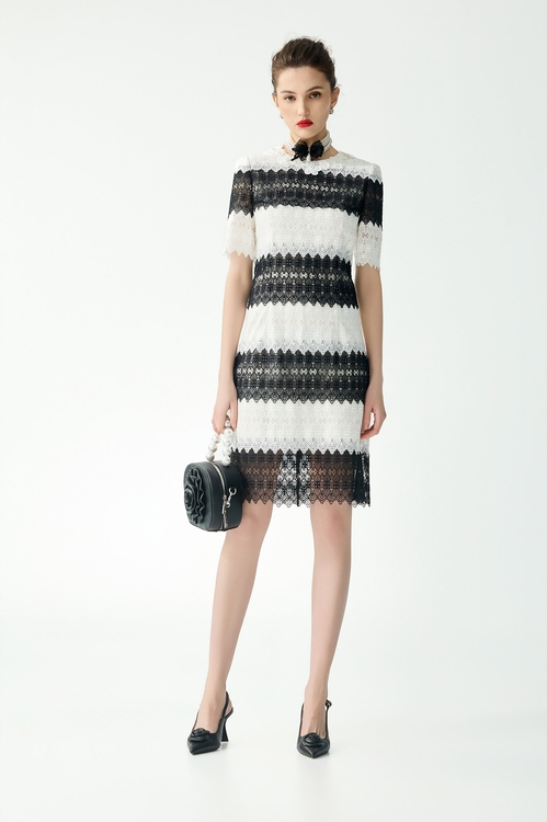 Black White Contrast Lace Midi Dress,Lace