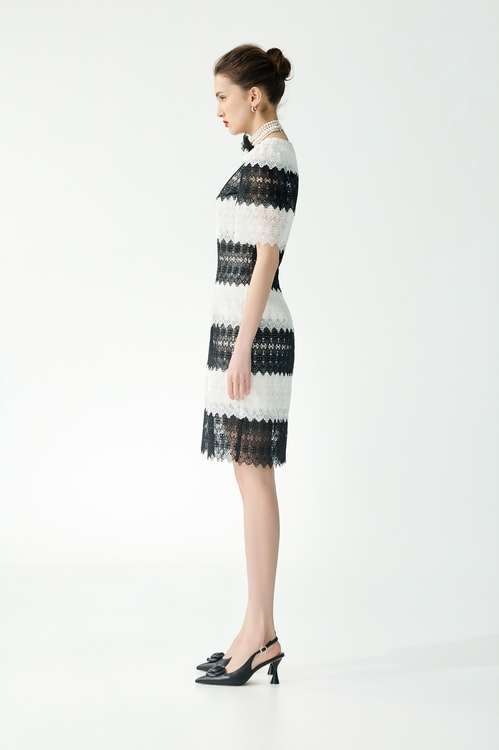 Black White Contrast Lace Midi Dress,Lace
