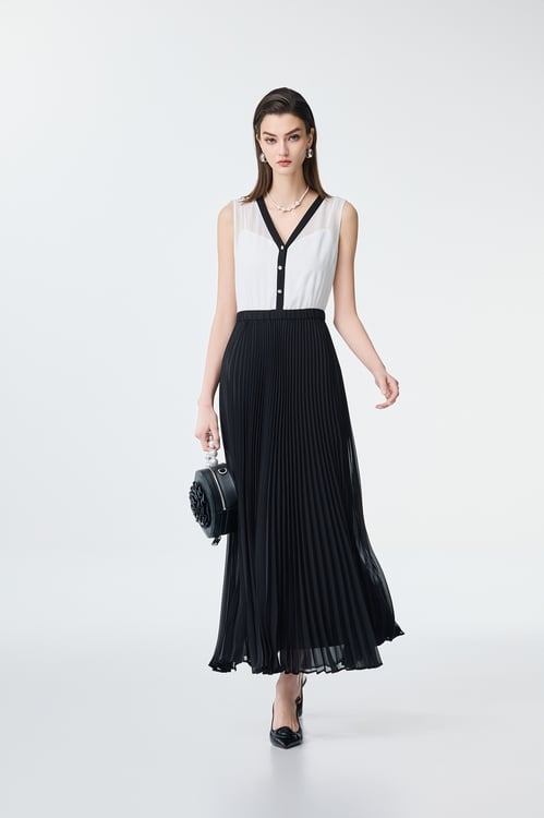 Pleated Detail Chiffon Maxi Dress,Black dresses