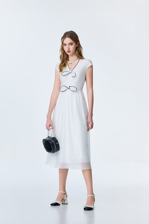 Front Bow Detail Midi Dress,White dresses