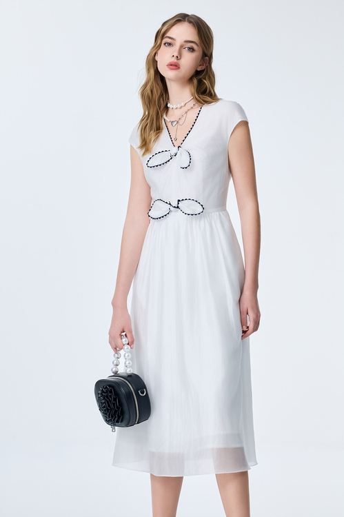 Front Bow Detail Midi Dress,White dresses