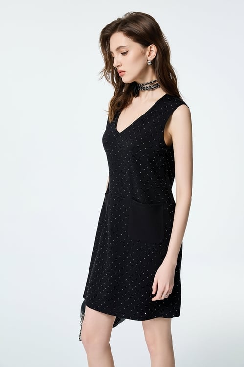 Iron On Sequin V-neck Short Dress,Black dresses