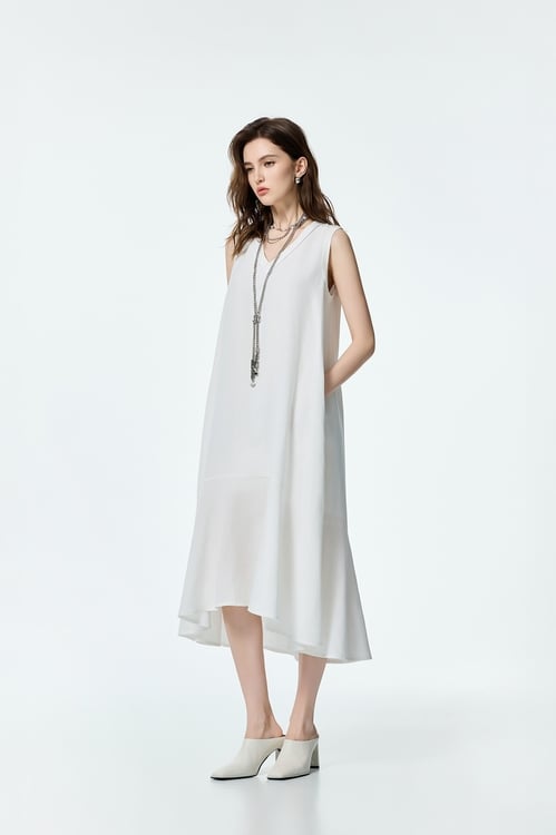 V-neck Loose Fit Linen Dress,White dresses