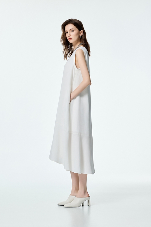V-neck Loose Fit Linen Dress,White dresses