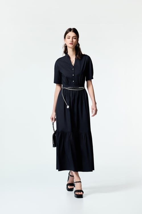 Short Sleeve Maxi Shirt Dress,Black dresses