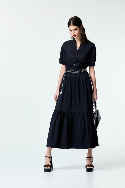 Short Sleeve Maxi Shirt Dress,Black dresses