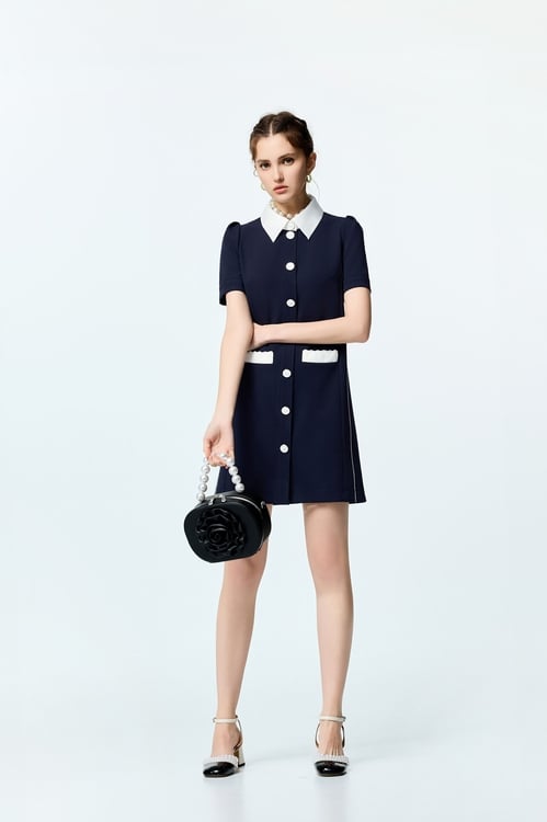 Contrast Collar Navy Short Dress,Urban Fashion