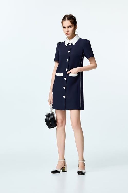 Contrast Collar Navy Short Dress,Urban Fashion