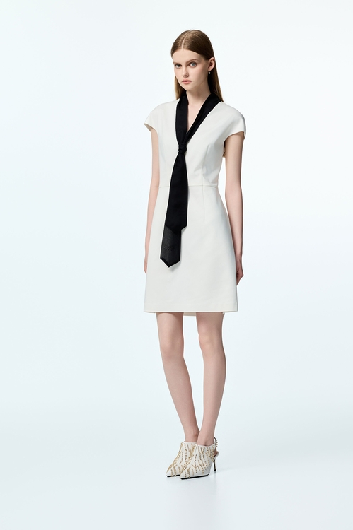 Contrast Black Scarf Short Sleeve Dress,White dresses