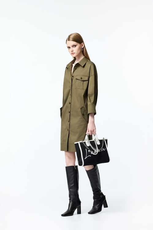Moss Green Long Sleeve Shirt Dress,Blouses