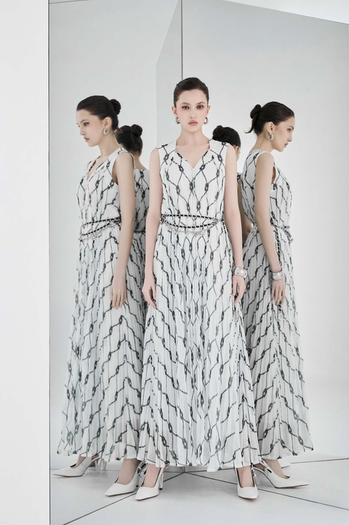 French Knot Graphic Print Pleated Maxi Dress,Chiffon